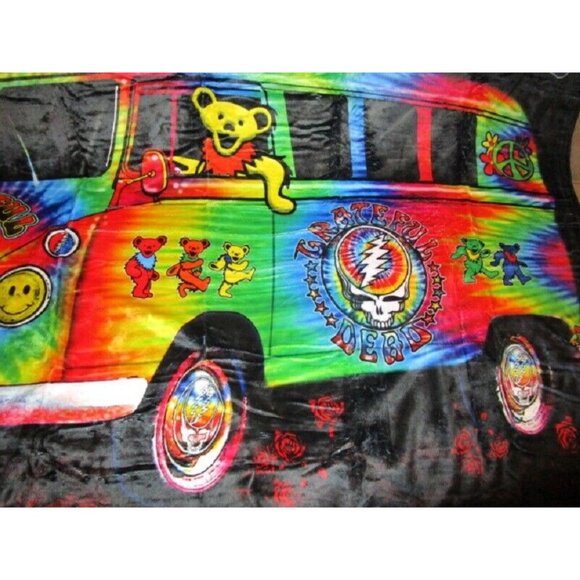 New Tie Dye Grateful Dead Van Bus Plush Throw Gift Blanket Dancing Bears Hippie - Picture 3 of 4